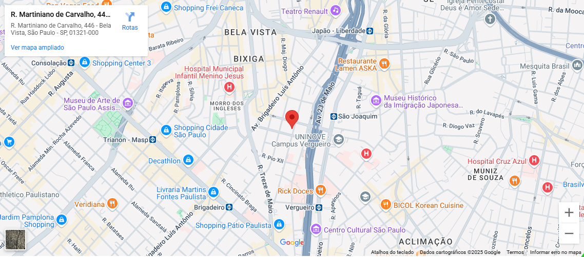 Mapa de localização do URBY PAULISTA no endereço Rua Martiniano de Carvalho 446, a 400m da Faculdade Sírio Libanês e do Hospital Beneficiência Portuguesa
