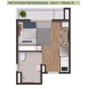 Planta de apartamento NR (Não Residencial) no Urby Paulista, com tamanho de banheiro maior, próprio para receber todos os perfis de hóspedes, inclusive com cadeira de rodas. Planta de 22m² e varanda